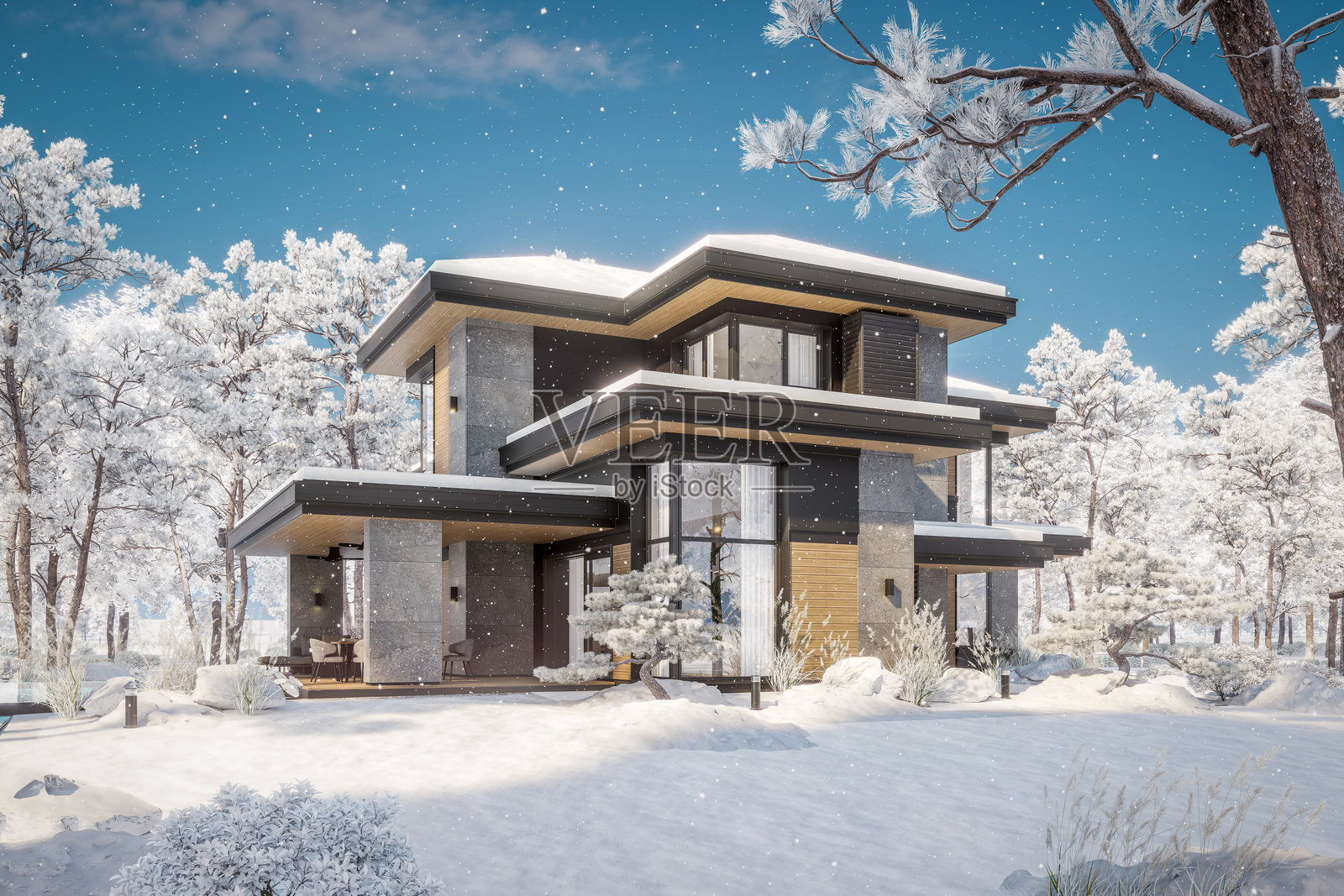 冬季灰色木质现代两层住宅3D渲染照片摄影图片