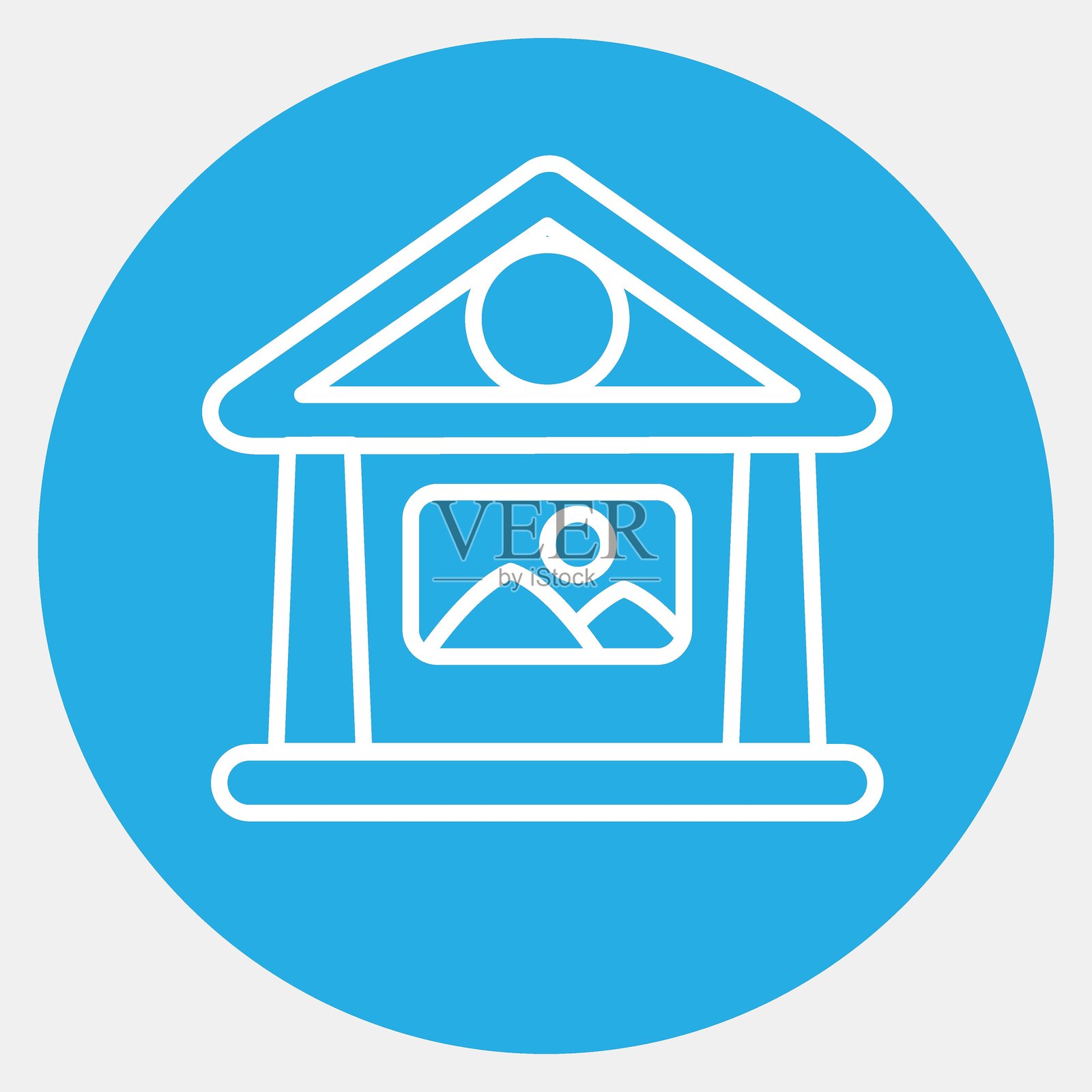 图标艺术画廊博物馆。建筑元素。蓝色圆形风格的图标。适合用于印刷、网页、海报、标志、网站规划、地图、信息图表等。插画图片素材