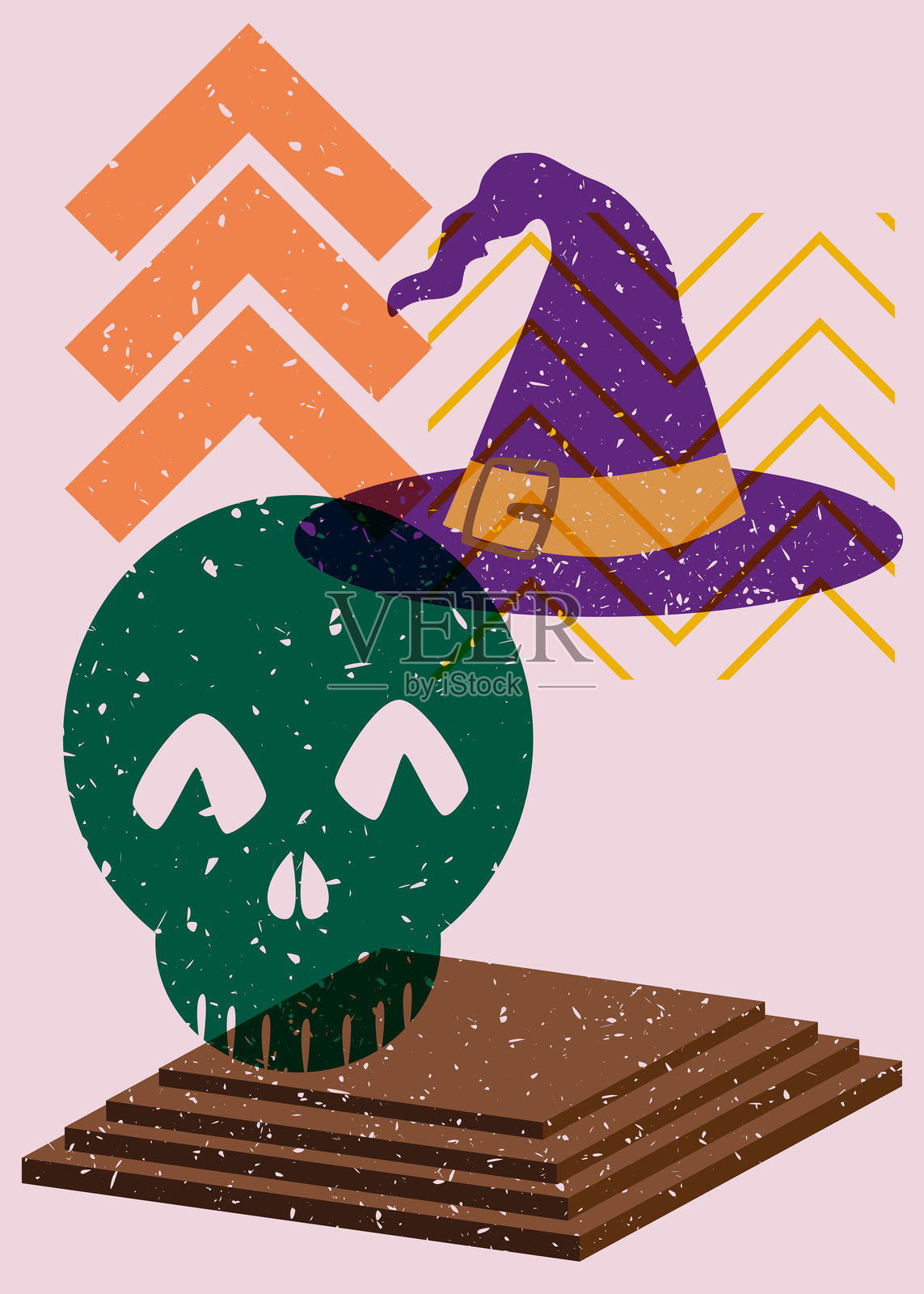 时尚的丝网印刷风格设计，包含女巫帽和骷髅，搭配几何形状元素。插画图片素材