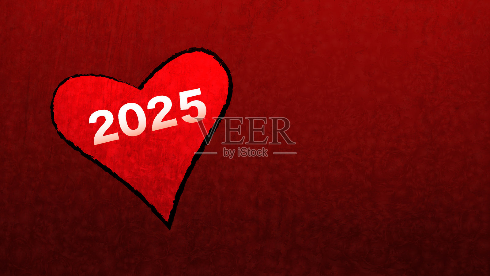 2025新年爱心主题紫红色背景，红色爱心，黑色笔触轮廓和文本空间插画图片素材