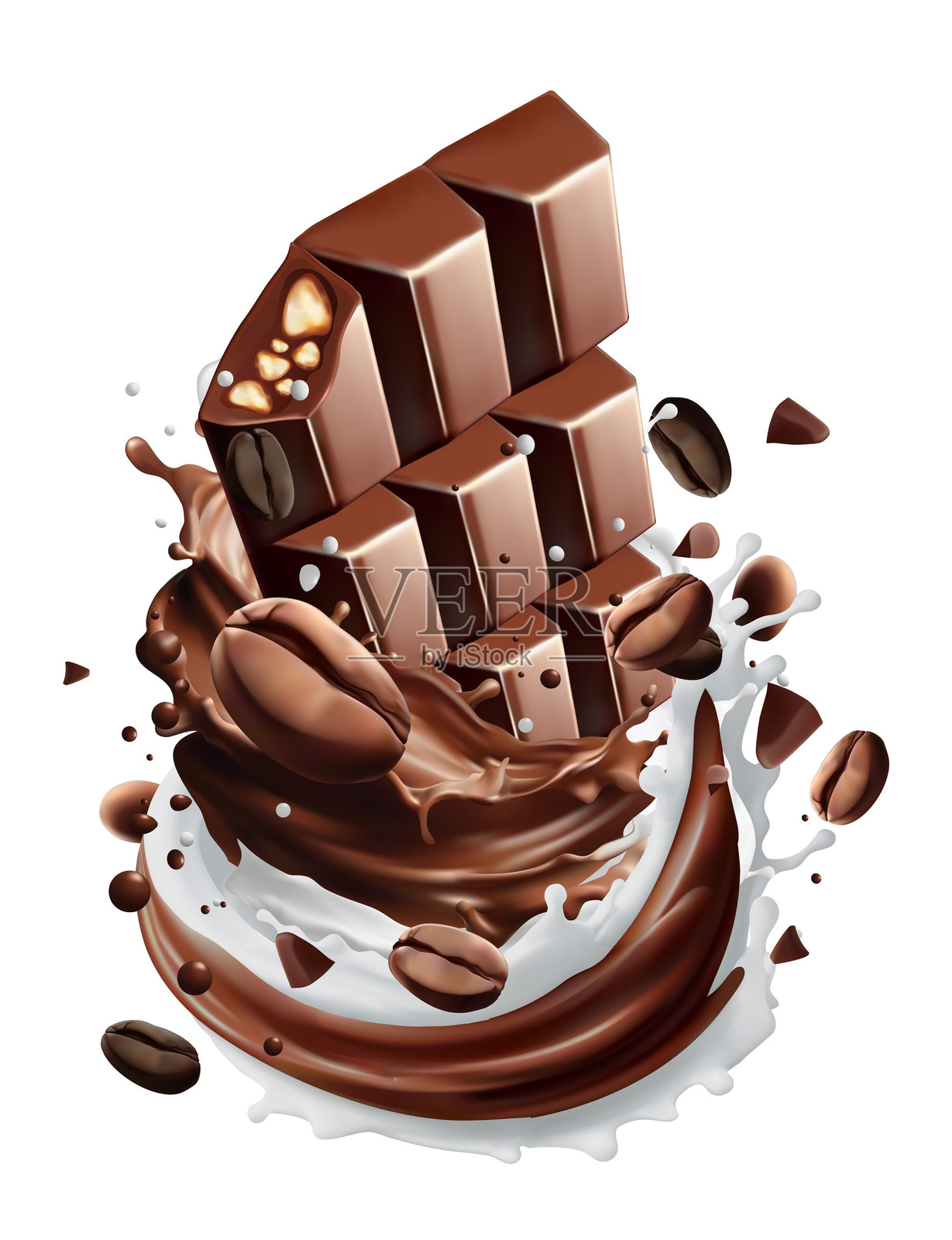 牛奶飞溅的巧克力液体和巧克力棒在背景中间飞溅，3D插图中的真实效果。食品概念。渐变。插画图片素材