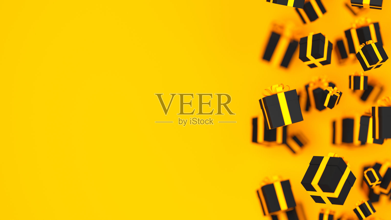 黑色星期五促销3D插图，黑色礼品盒上系着黄色丝带，漂浮在橙色背景上。购物优惠商业概念。促销广告背景。照片摄影图片