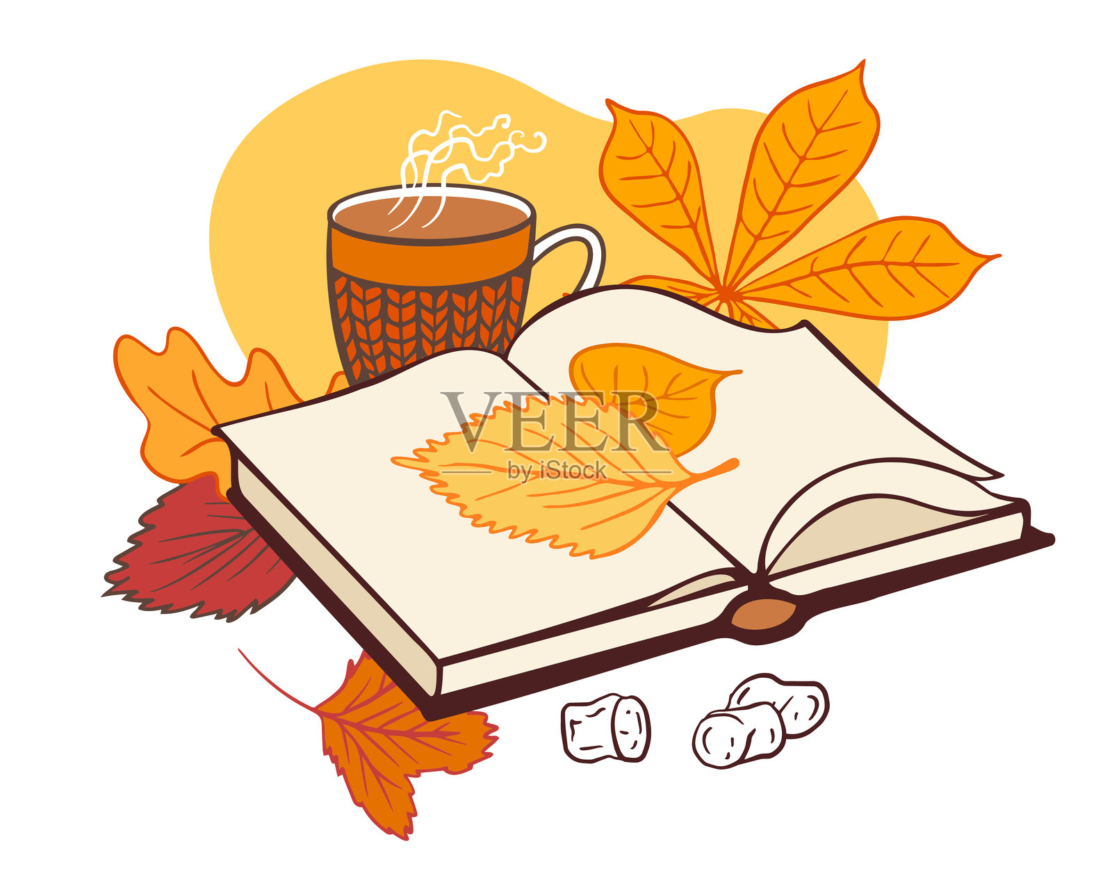 打开的书旁边有五彩斑斓的秋叶、一杯冒着热气的茶和小棉花糖。非常适合温馨的季节性设计或海报。插画图片素材