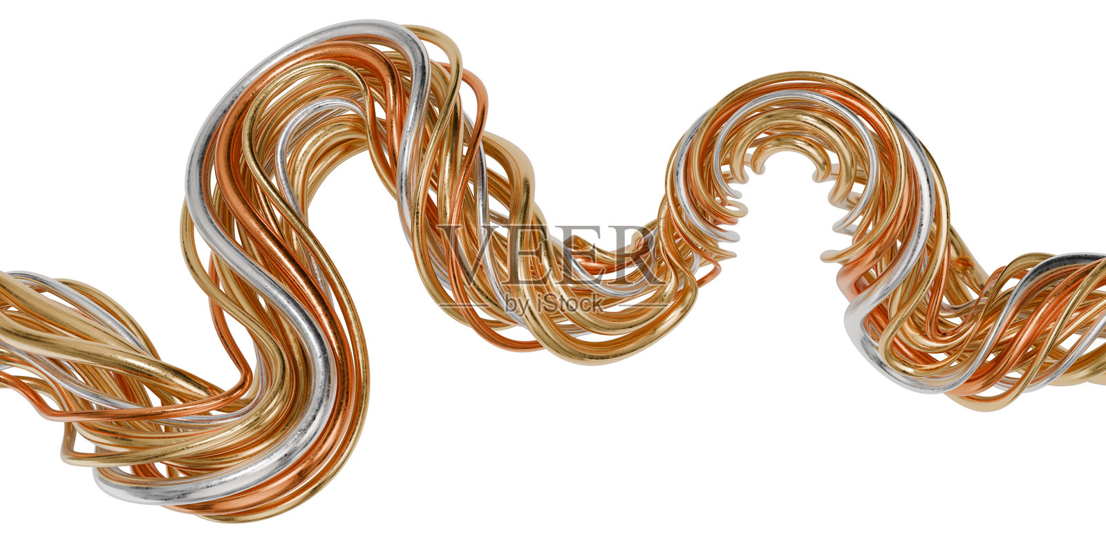 扭曲的波浪形金色、铜色和钢丝在白色背景上隔离。工业设计元素。3D渲染。照片摄影图片