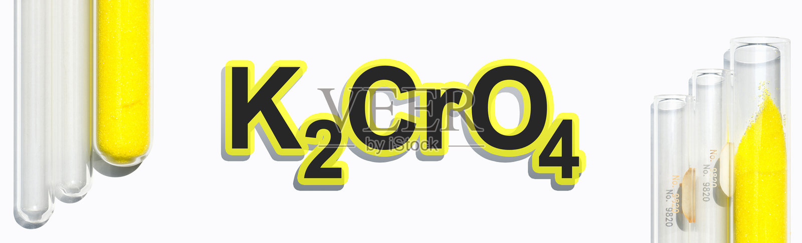 白色实验室桌上的化学成分特写，化学式为K2CrO4。试管中的铬酸钾粉末。照片摄影图片