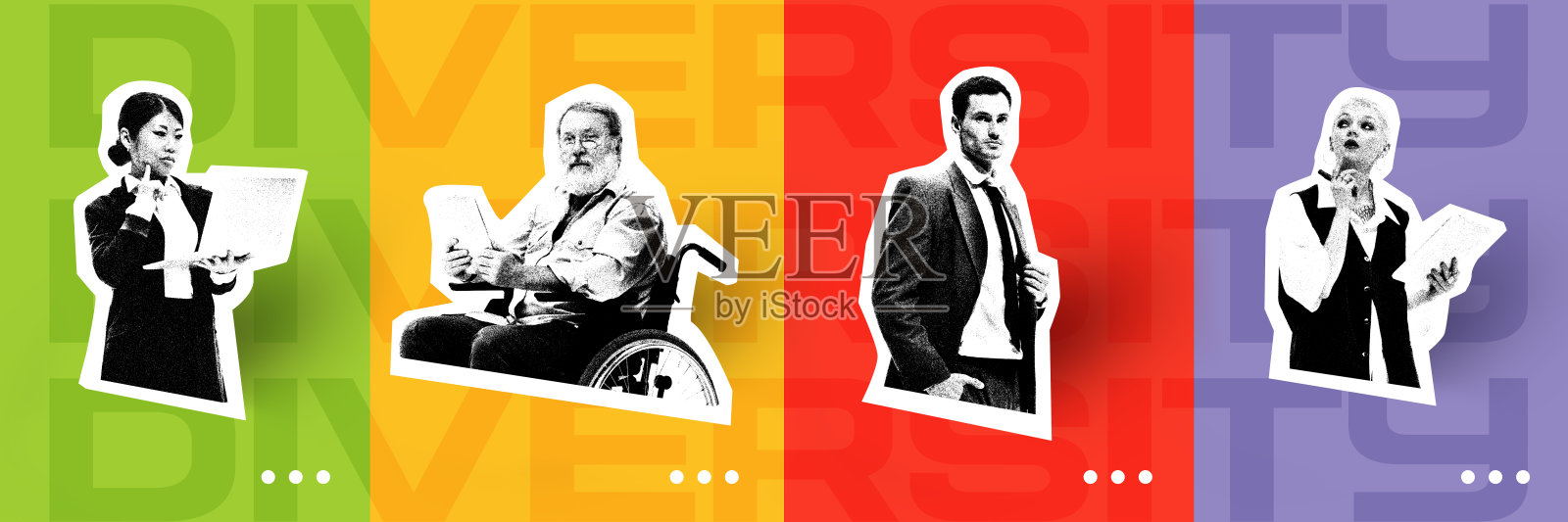 海报。现代艺术拼贴。不同能力和背景的个体在工作场所合作以实现成功的多样性。照片摄影图片