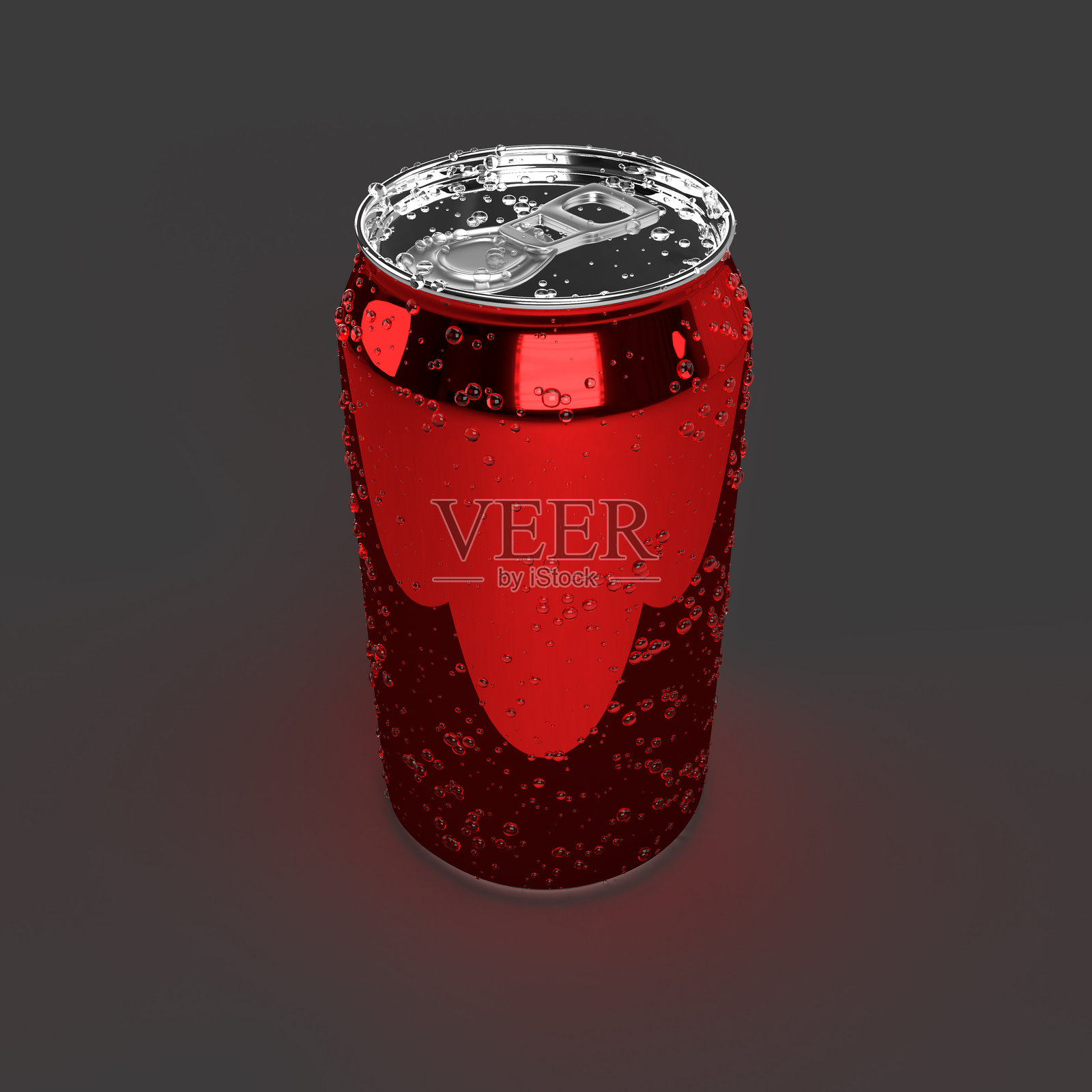 逼真的铝罐上有水珠，背景为简单的红色，呈现出清新的视觉效果。照片摄影图片