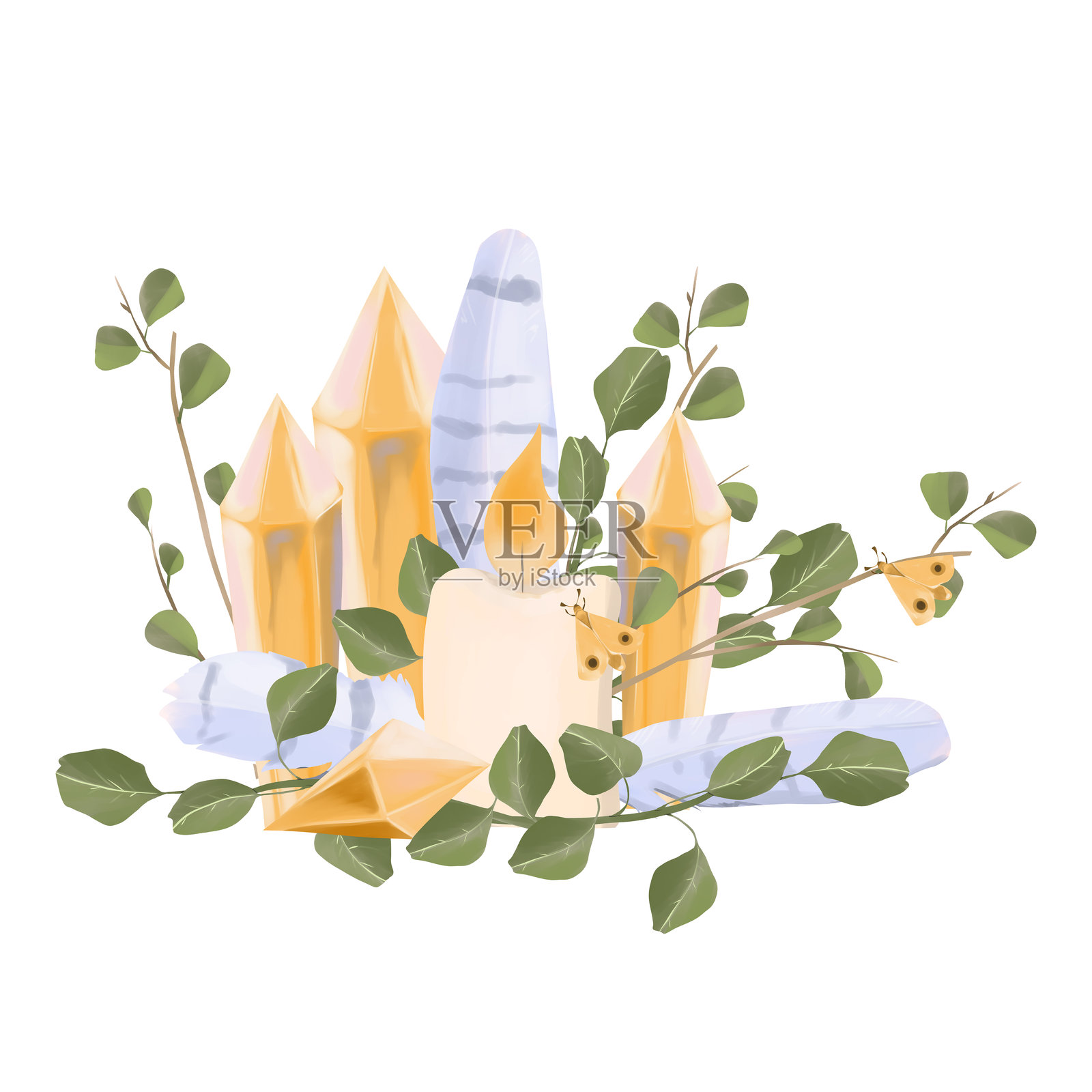 绿色叶子、金色水晶、米色蜡烛、薰衣草羽毛和金色蝴蝶的插图组合。来自魔法图书馆系列的元素。照片摄影图片