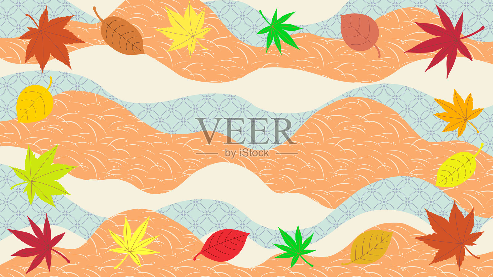 秋季背景插图素材，展示了秋叶与日本图案背景。照片摄影图片