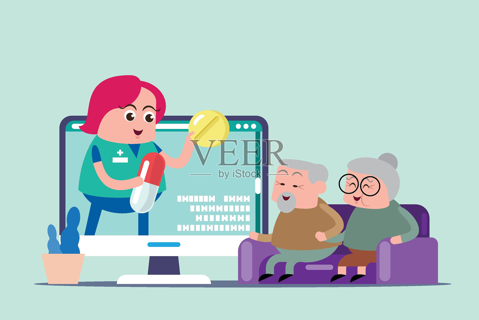 可爱的情感矢量图，平面插图卡通人物，护士和医生在线展示如何照顾健康。插画图片素材