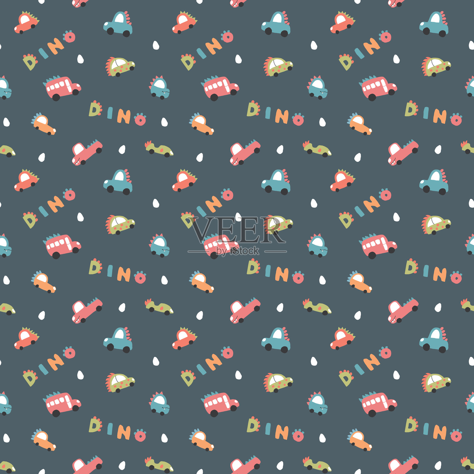 可爱的恐龙汽车无缝图案，儿童卡通背景，矢量插图。插画图片素材