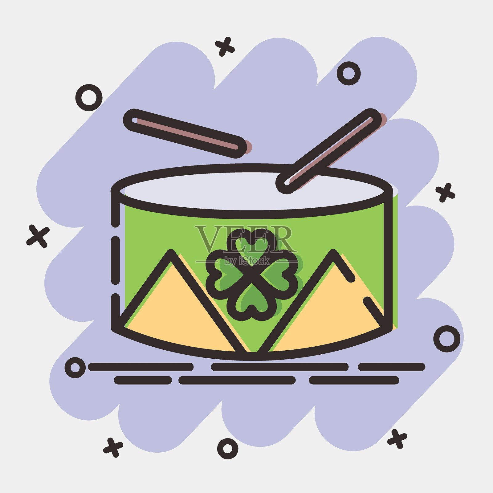 图标鼓与三叶草。圣帕特里克节庆祝元素。漫画风格的图标。适合印刷、海报、标志、派对装饰、贺卡等。插画图片素材