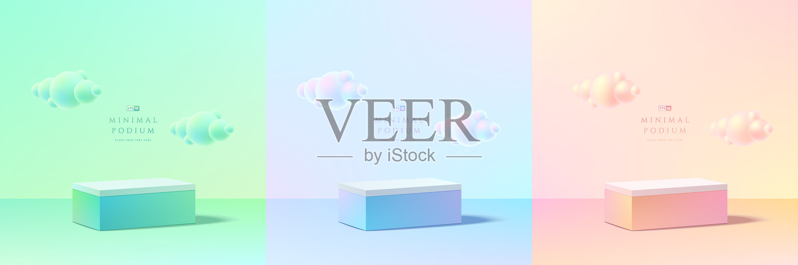 带有蓝色、粉色和绿色云朵的3D立方体讲台背景。抽象构图，极简设计。展览展示厅产品基座，时尚舞台展示模型场景。插画图片素材