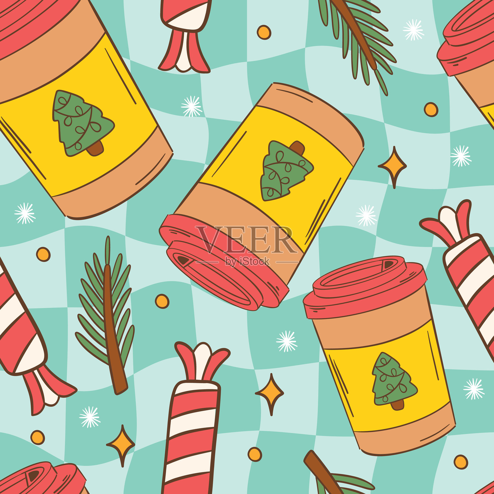 节日圣诞图案，包含咖啡杯和糖果手杖插画图片素材