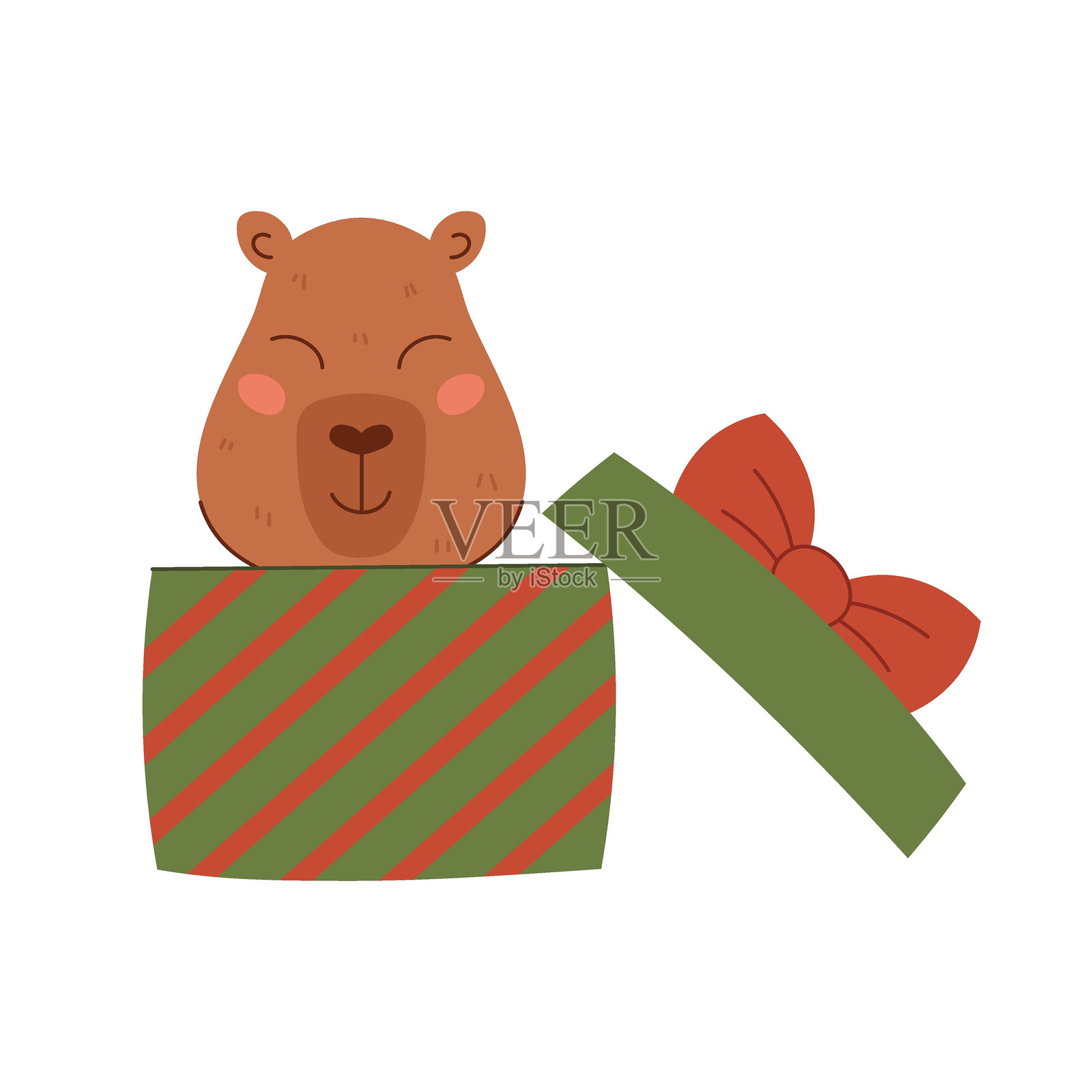 礼品盒里的水豚。节日圣诞动物角色。可爱的水豚，矢量插图，透明背景。插画图片素材