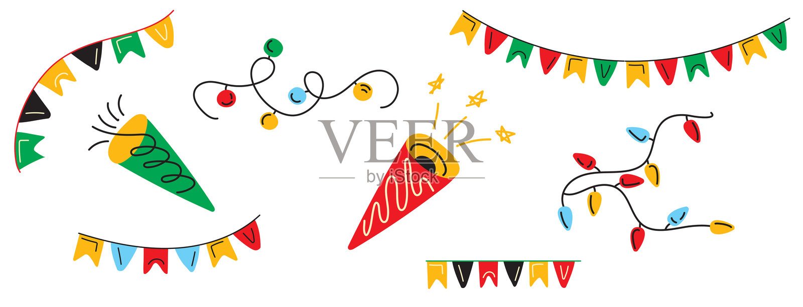 插图包含派对喇叭、五彩旗帜和串灯等节日元素。这种庆祝设计使用明亮、愉快的色彩，非常适合假日和派对主题。矢量插图插画图片素材