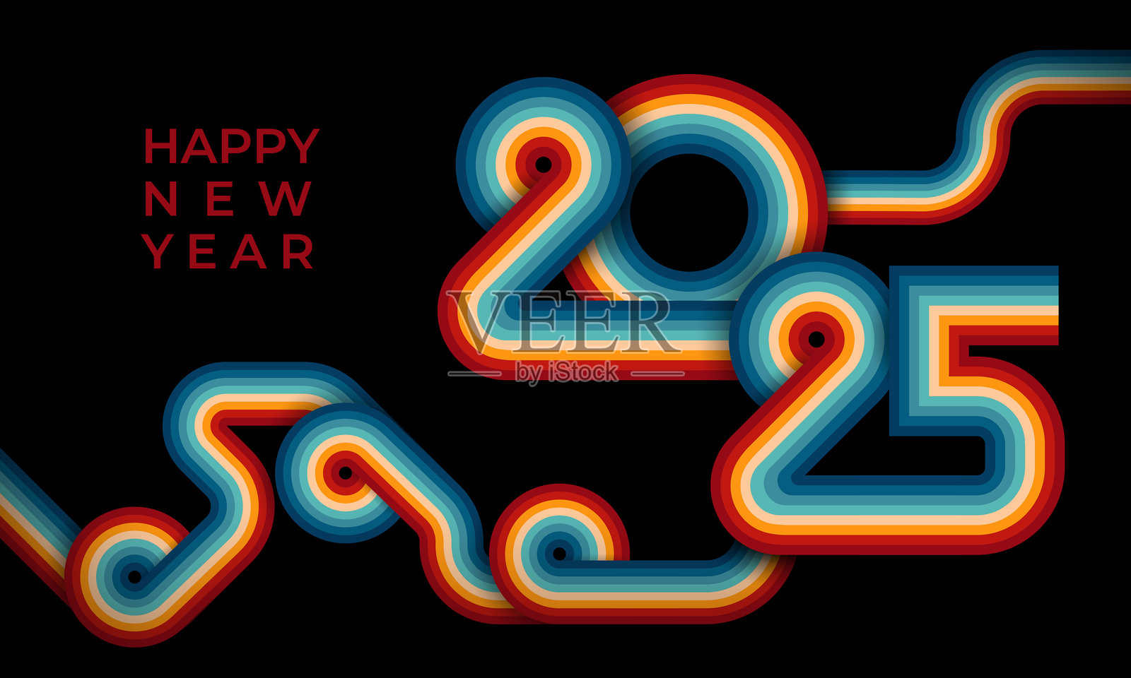 2025年线条艺术设计。复古的70年代风格数字。新年快乐设计元素，适用于日历卡、宣传册、封面。1970年代和1980年代的复古色彩，70年代、80年代、90年代。复古怀旧的70年代风格海报。插画图片素材