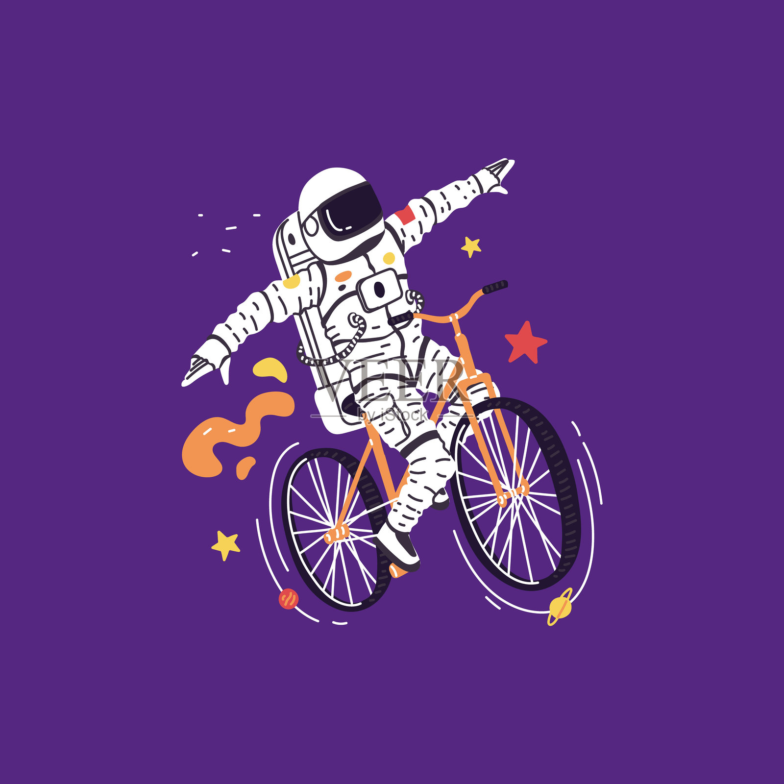 宇航员骑着自行车在空中飞行。插画图片素材