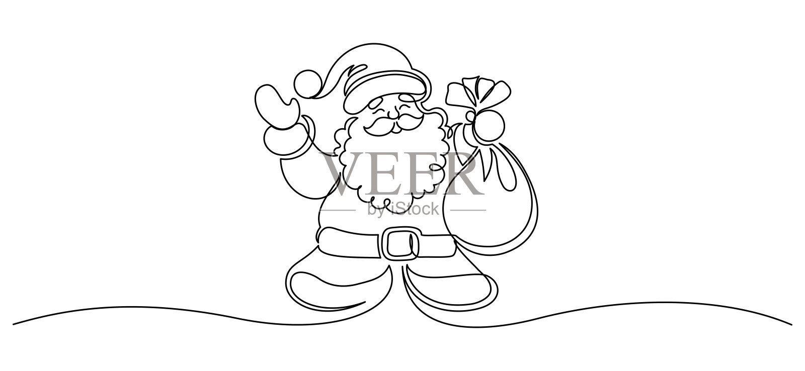 一笔画的圣诞节图案，包含圣诞老人面孔。快乐的尼古拉斯头部，戴着红色帽子，采用简单的线条风格。优雅的可编辑线条logo，涂鸦风格的分割矢量插图。插画图片素材