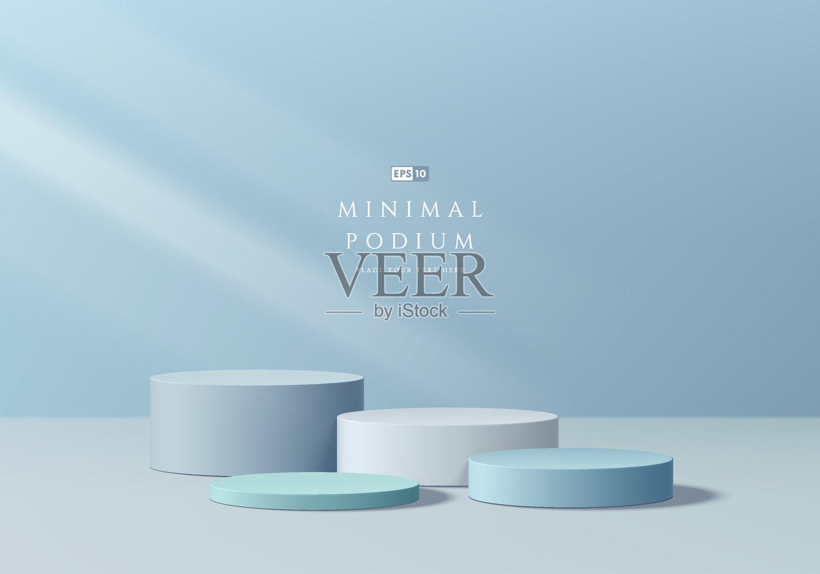 3D蓝色圆形讲台背景，位于空旷的柔和色调干净房间。抽象几何构图，极简设计。工作室展示厅产品基座，时尚舞台展示模型场景。插画图片素材