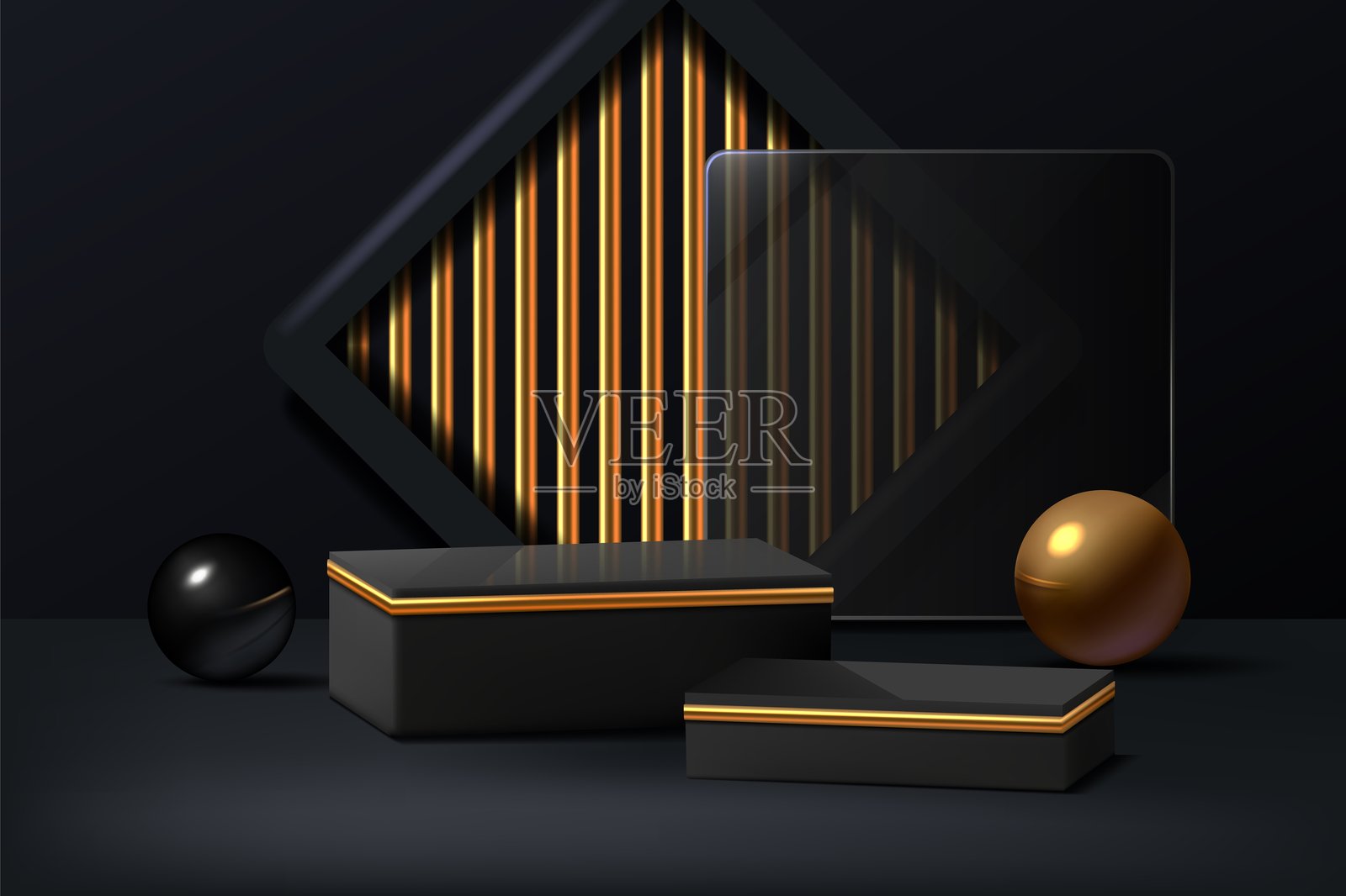 黑色背景。3D金色讲台在奢华场景舞台上，优雅的深色或金色产品奖项展示。极简商业产品推广，几何展示。矢量抽象物体。插画图片素材