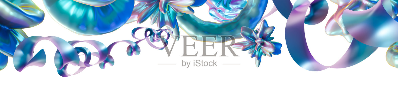 全息头图，展示抽象的彩虹色形状。现代、未来感的图形元素，适合数字艺术项目、横幅和活动设计。独特的金属和反射美学。3D效果。照片摄影图片