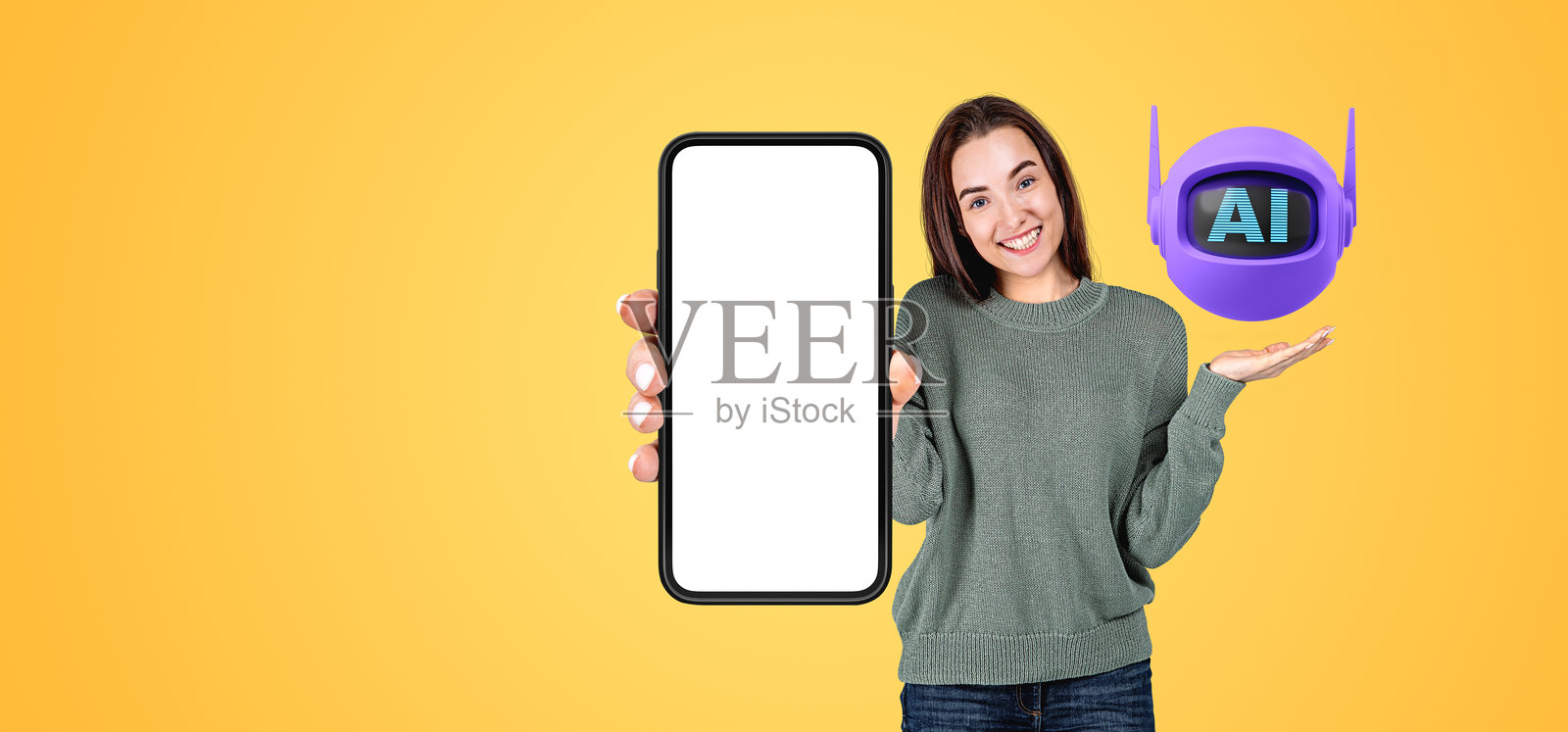 手持手机展示的女性，手上有微笑的人工智能机器人照片摄影图片