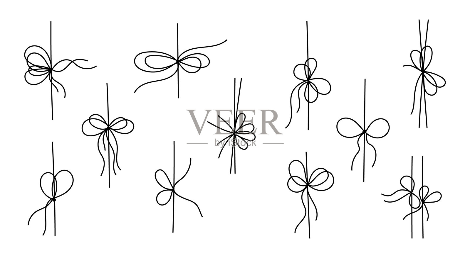 黑色线条风格的礼品丝带蝴蝶结套装，孤立在白色背景上。插画图片素材