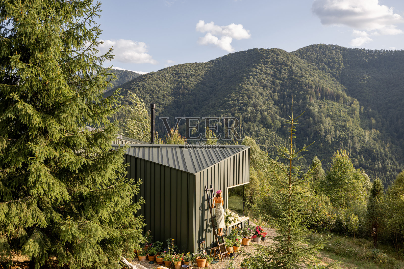 在绿色山脉花园中，靠在环保房屋旁的梯子上的女性照片摄影图片