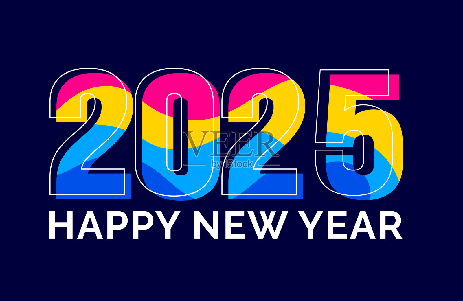 2025年快乐新年彩色排版文本logo设计模板。适用于商业模板、横幅、背景、海报、贺卡和日历封面。插画图片素材