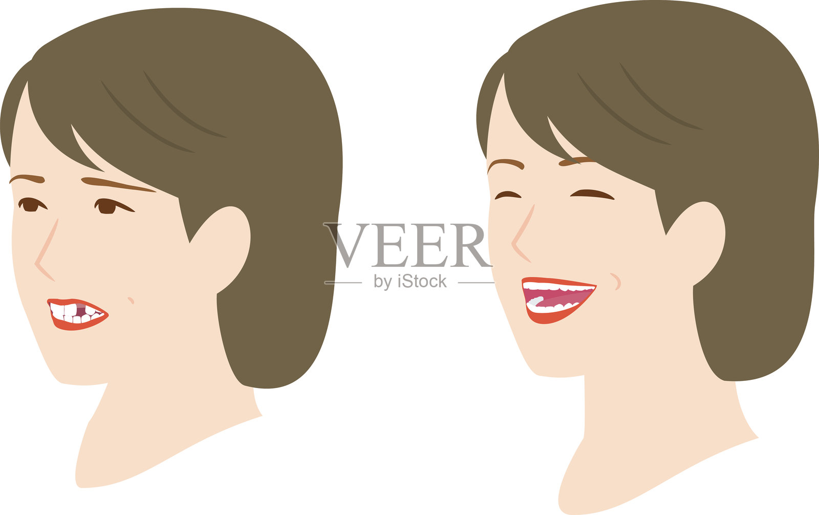 一位女性因牙齿缺失而痛苦，另一位女性则露出洁白的微笑。插画图片素材