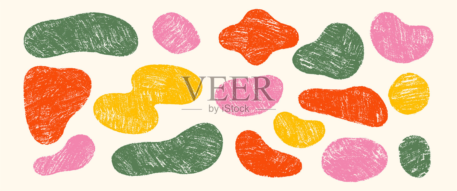 一组具有蜡笔、粉笔或粉彩质感的抽象有机形状。多彩的手绘矢量插图。插画图片素材