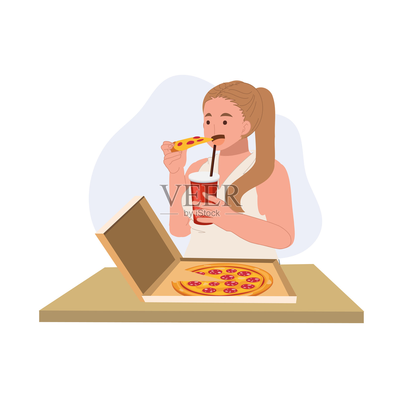 身材丰满的女子愉快地享用快餐插画图片素材