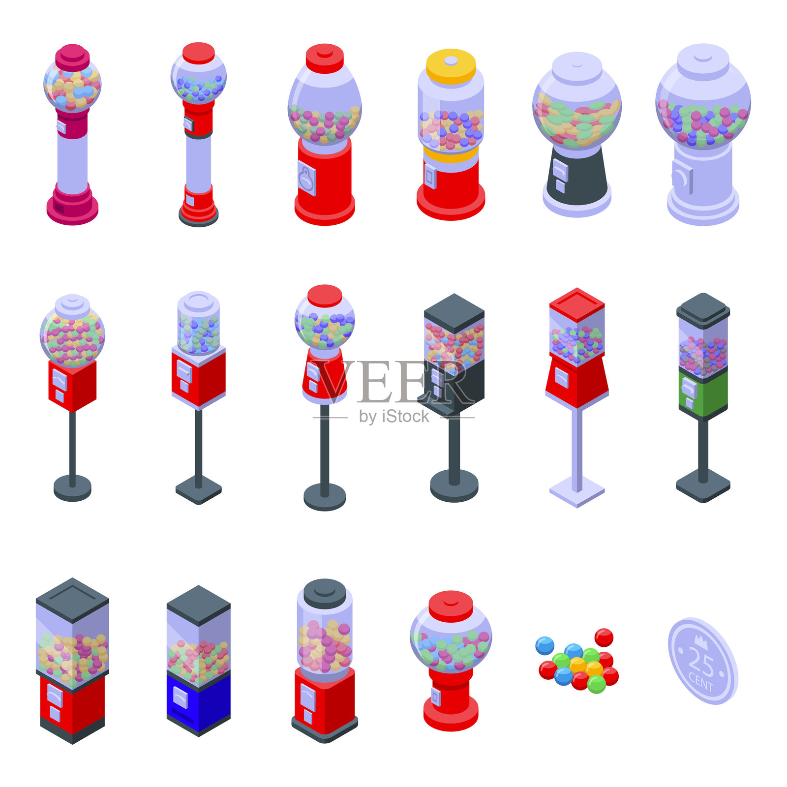 泡泡糖机图标集，等距矢量。糖果口香糖插画图片素材