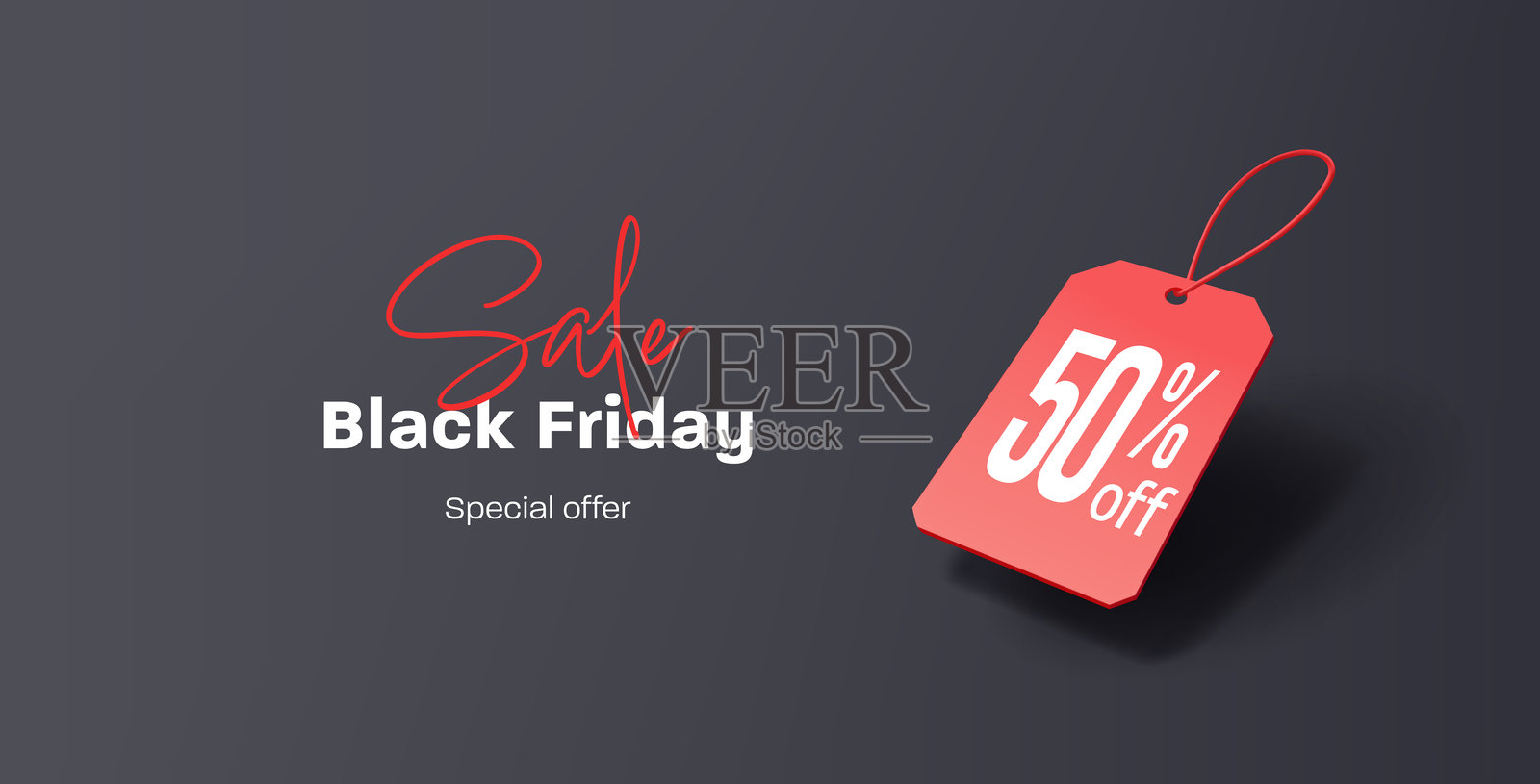 黑色星期五促销。3D真实感价格标签，折扣高达50，背景为黑色。用于特殊节日折扣广告概念的横幅。矢量图。插画图片素材