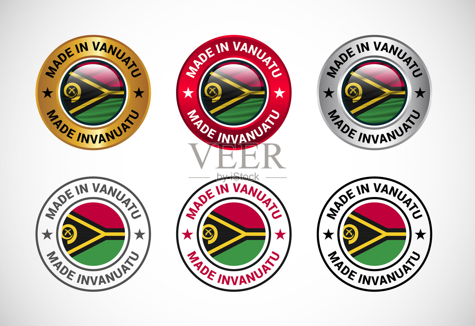 瓦努阿图制造标签图标，带有国旗。适用于商业、徽章、印章、贴纸、标志和符号的图标集。插画图片素材