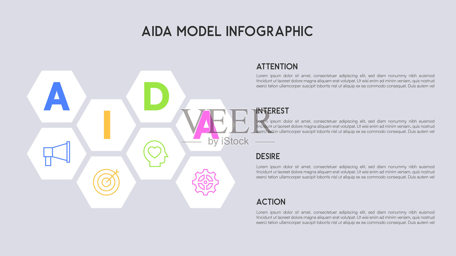 六边形AIDA模型信息图展示营销阶段插画图片素材