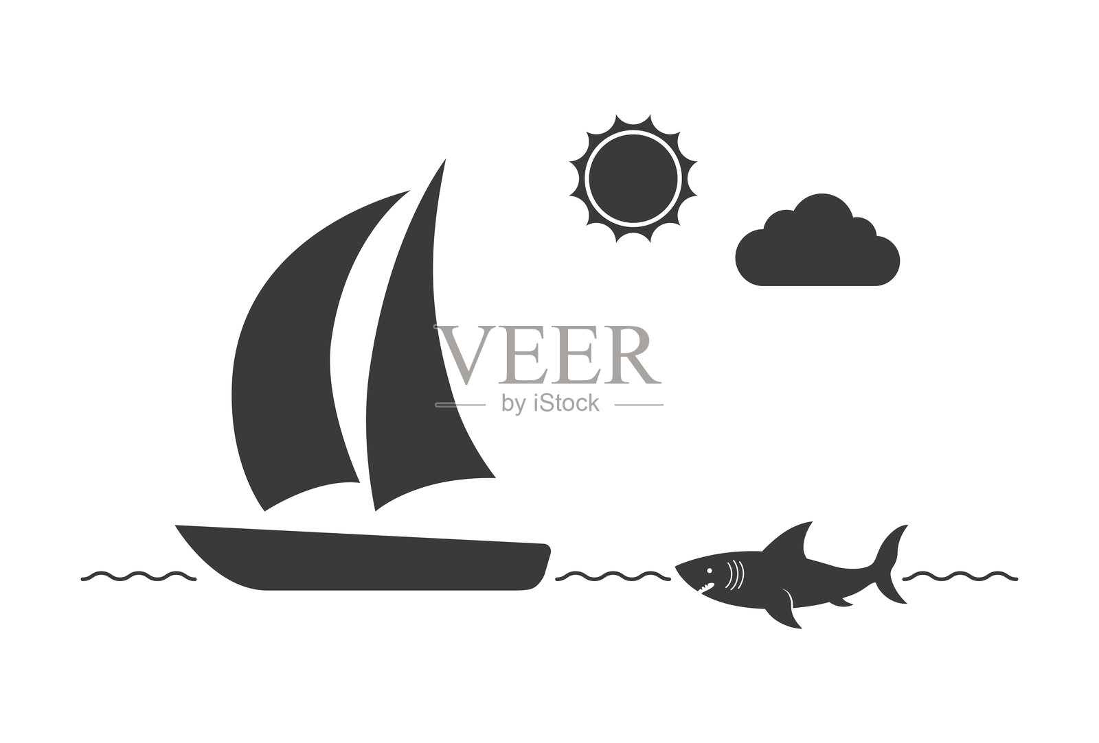 鲨鱼追逐帆船图标插画图片素材