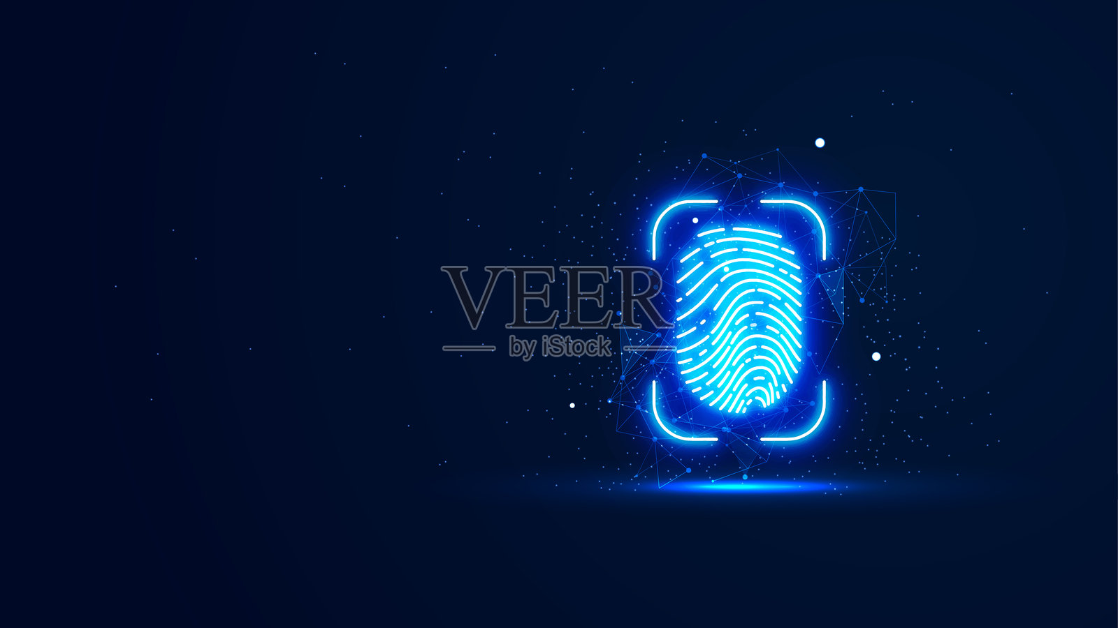 未来感的发光指纹，配有网状线条和闪光粒子。生物识别技术，霓虹灯风格。夜景中的3D抽象留白。数字科技背景。插画图片素材