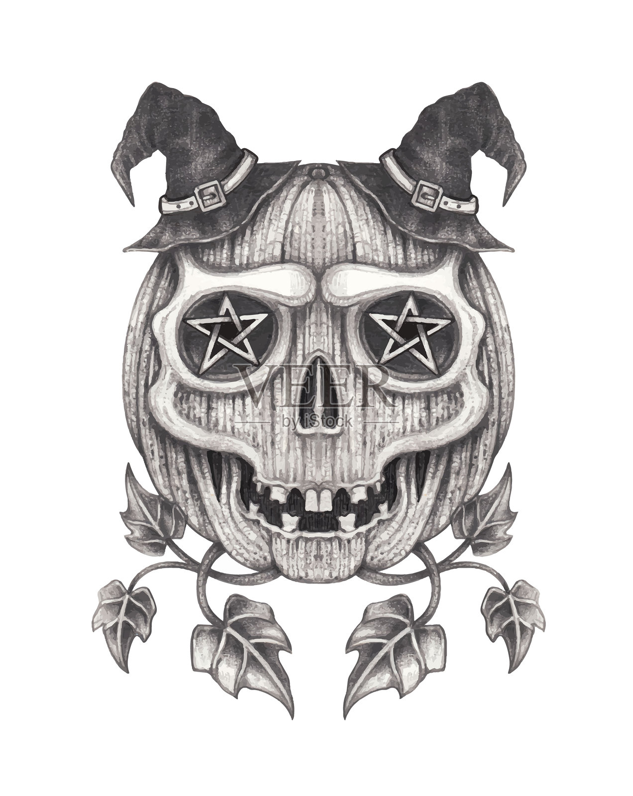 巫术南瓜骷髅，眼睛是五角星，万圣节日。插画图片素材