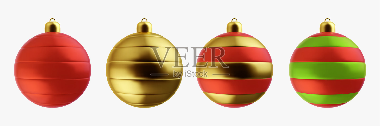 逼真的3D矢量圣诞玩具，孤立在白色背景上。由不同材料制成的明亮节日装饰新年元素组合。插画图片素材