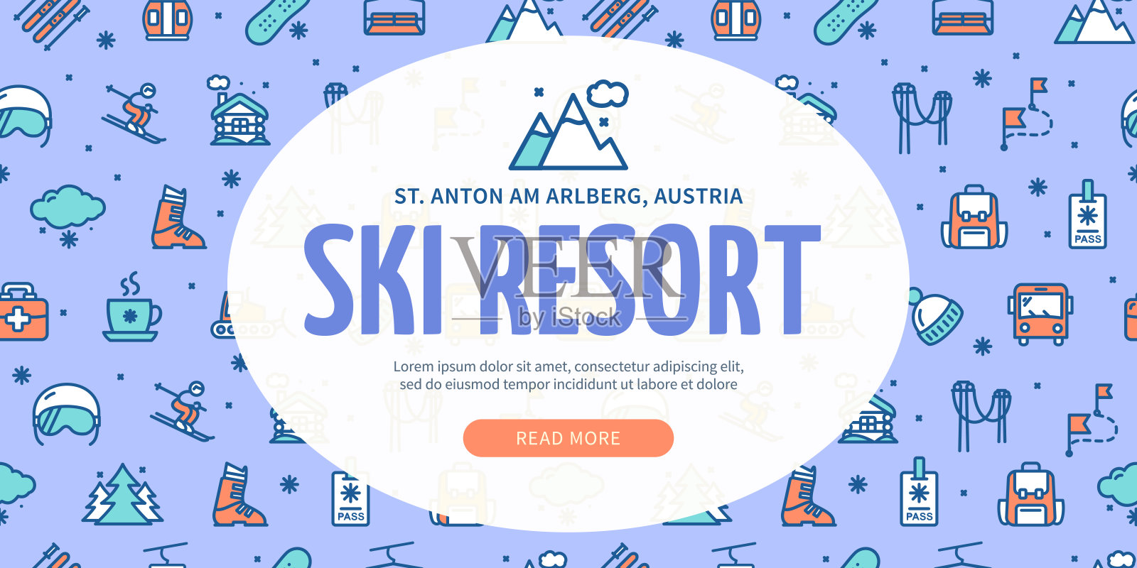 滑雪度假村概念横向邀请牌海报横幅卡片模板。矢量图插画图片素材