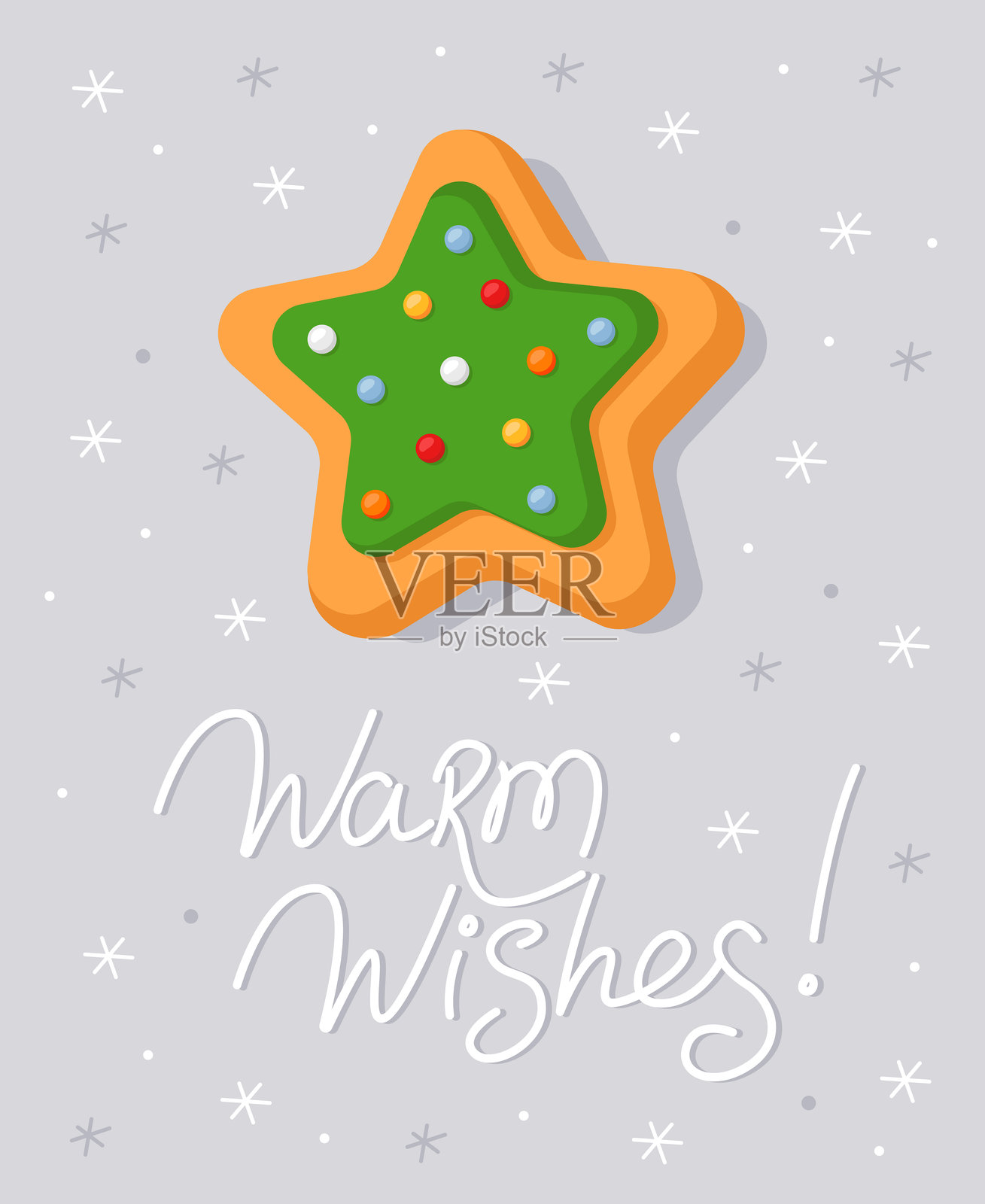 新年贺卡，上面有一颗星形姜饼，装饰着绿色元素。圣诞卡片。插画图片素材