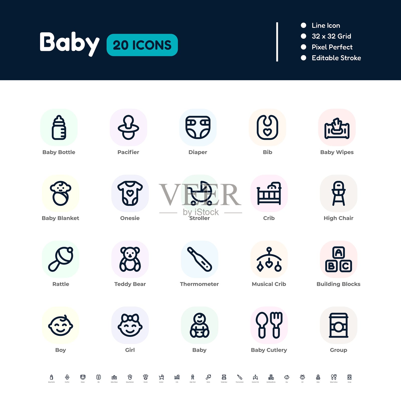 婴儿必需品线条图标集 – 像素完美可编辑的描边矢量设计插画图片素材