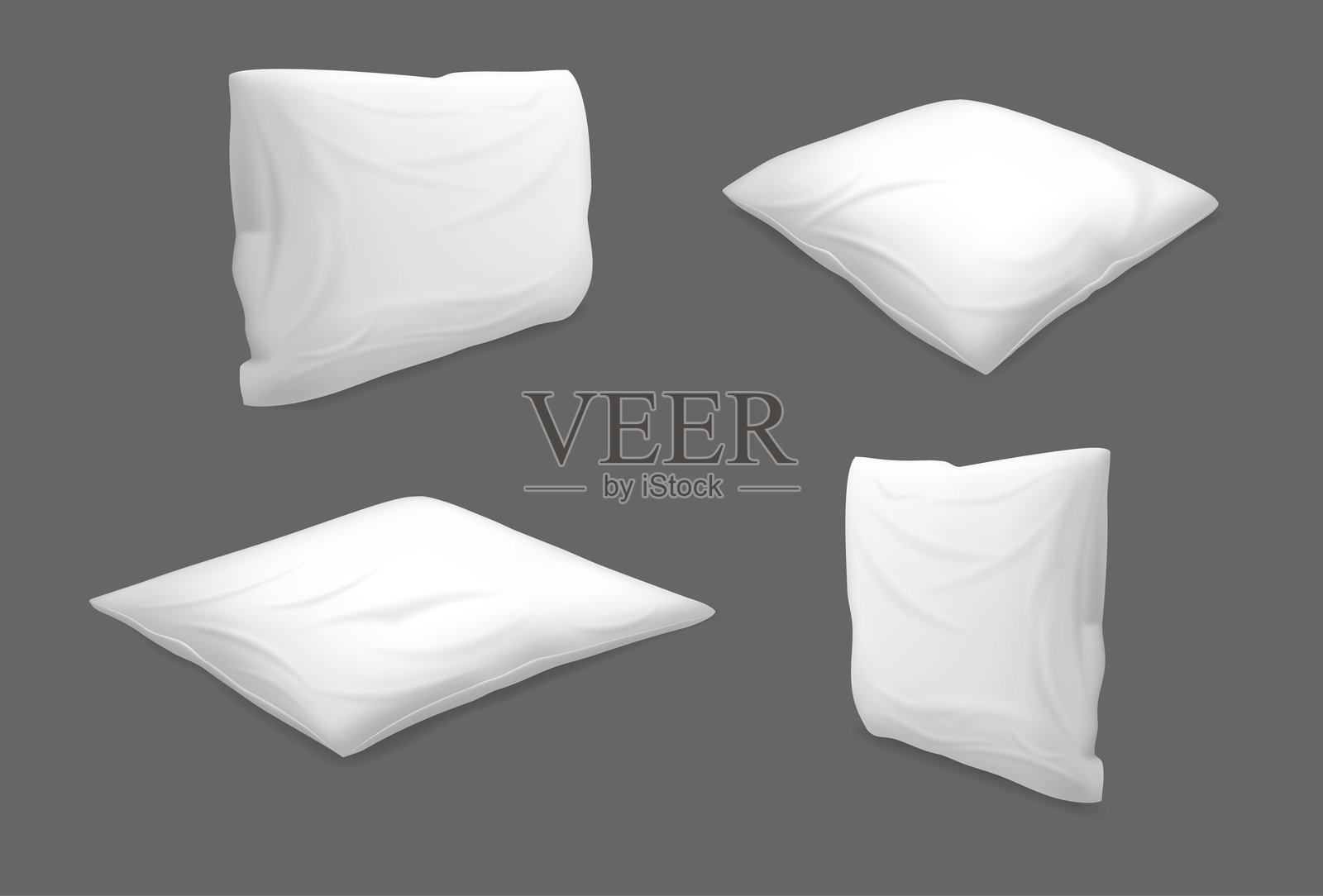 柔软舒适的卧室和客厅枕头。矢量孤立的空白沙发垫套装。白色床上用品的模板模型，用于睡眠、打盹和放松。不同的侧面视图。插画图片素材