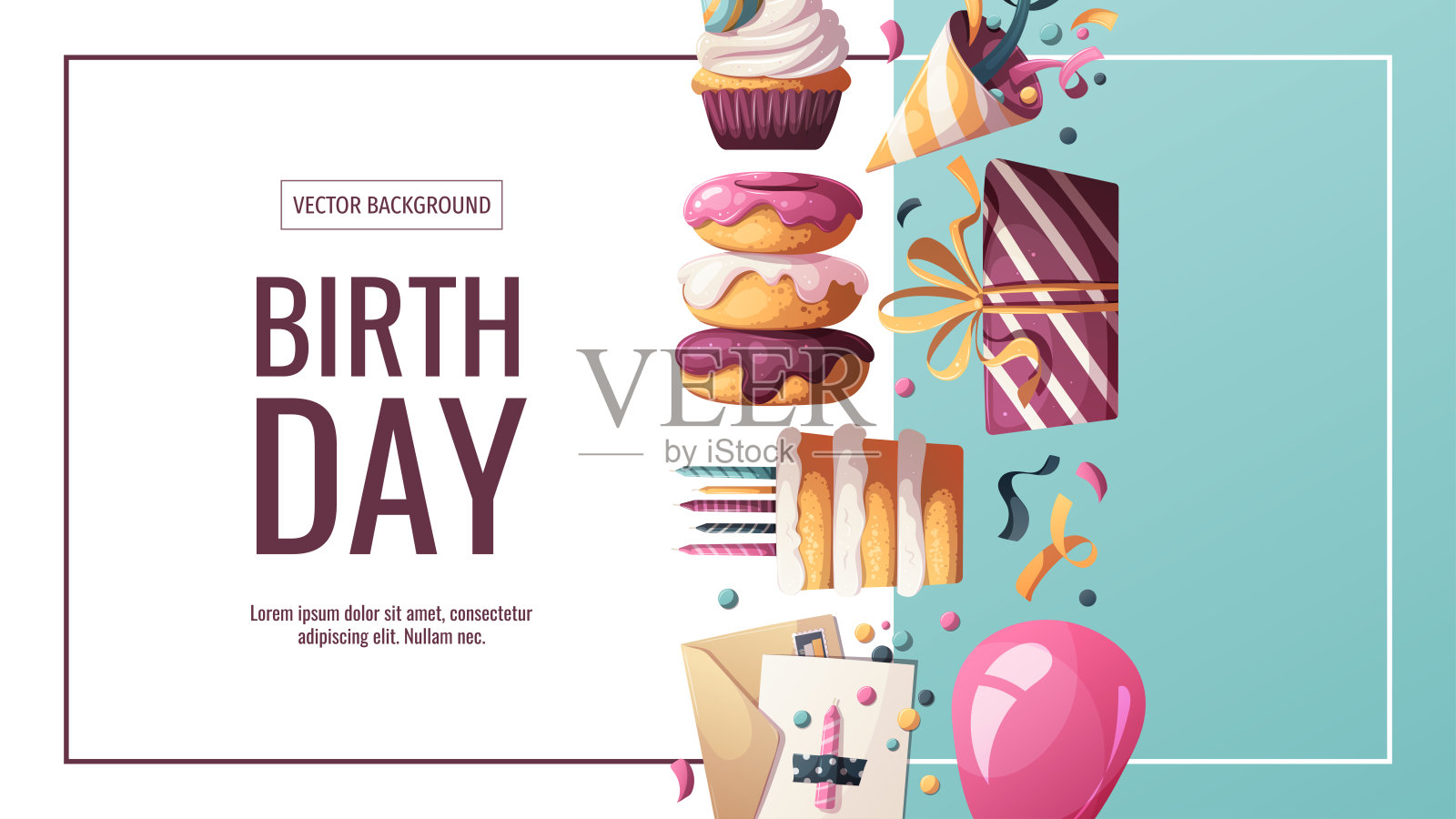 生日蛋糕、礼物、派对帽、甜甜圈和杯子蛋糕的横幅设计。插画图片素材