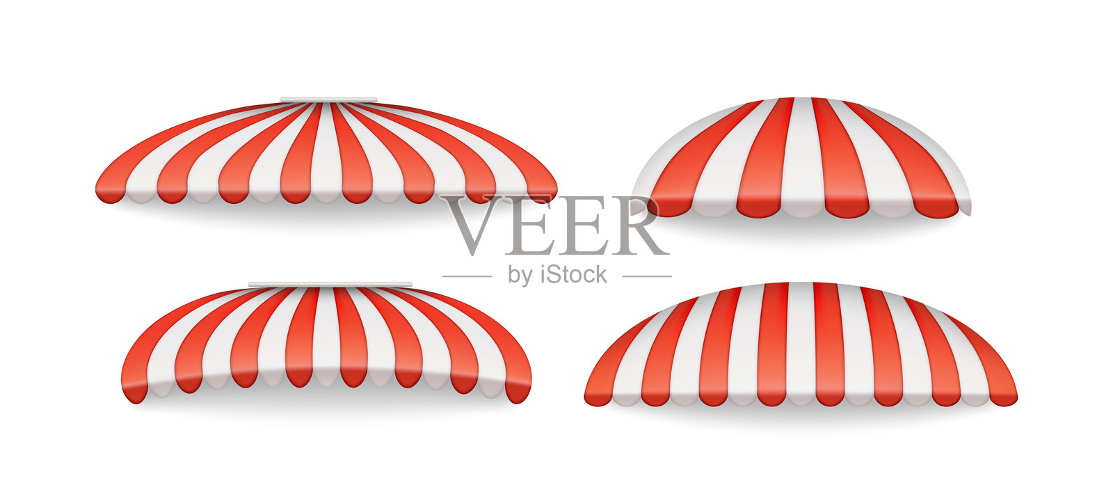 建筑、商店和餐馆的条纹屋顶。矢量孤立的现实外部遮阳伞，用于防晒。商铺或露台的遮阳棚。阴影庇护所。插画图片素材