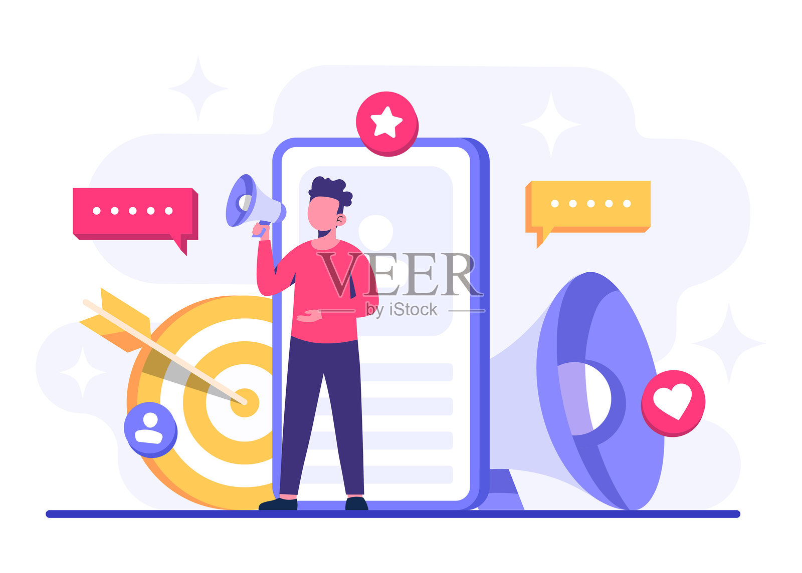 数字营销概念扁平矢量插图，商业内容策略，影响力营销，社交媒体活动，推广，电子商务，营销机构，吸引新客户插画图片素材