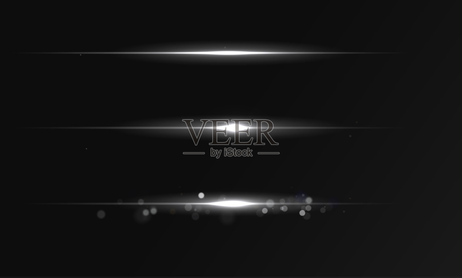 快速移动的白色激光光束，孤立在黑色背景上。抽象光效。绿色镜头光晕。水平光线在黑暗中发光。矢量图。插画图片素材