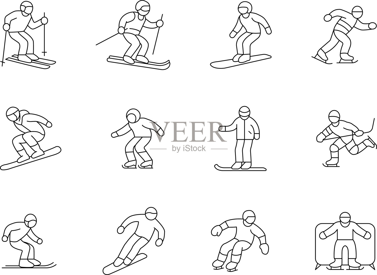 冬季运动图标矢量插图集合，采用线条轮廓风格。滑雪、冬季运动和雪的手绘涂鸦图标。插画图片素材